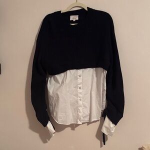 Cinq à Sept Navy and White Layered Crew Neck Sweater